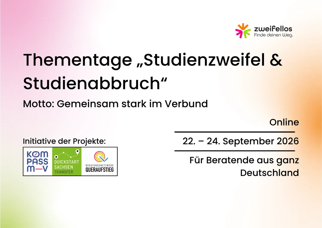 Infobanner mit Titel, Datum, Veranstaltungsort und Zielgruppe der Thementage „Studienzweifel & Studienabbruch“ mit den Logos der drei an der Initiative Zweifellos beteiligten Projekte