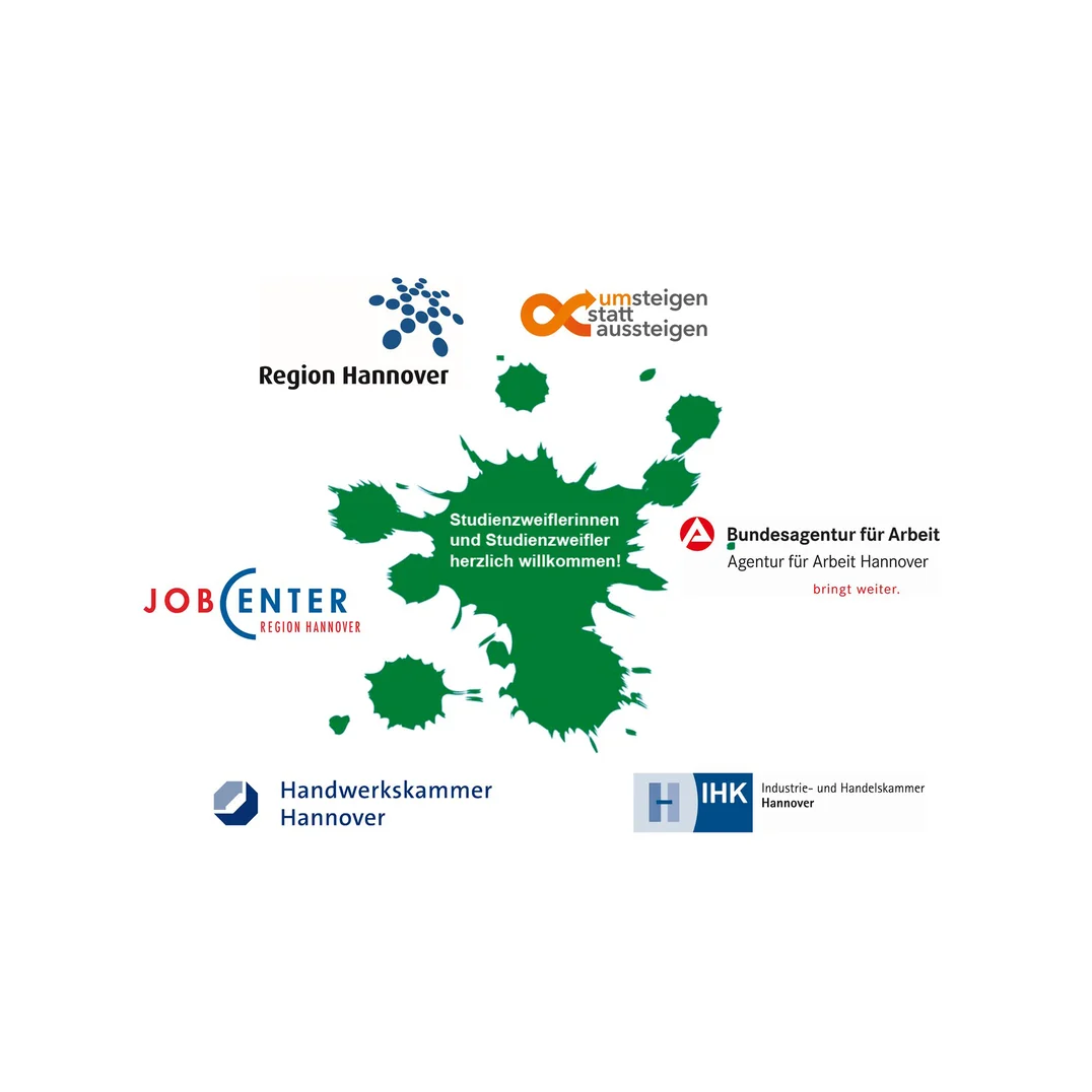 Logos der Partner aus der Region Hannover, darunter Bundesagentur für Arbeit, Jobcenter, Handwerkskammer, IHK, Region Hannover und Umsteigen statt Aussteigen.
