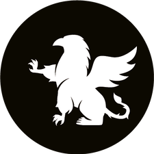 Ikonische Figur des heraldischen Greifen, mit Adlerkopf, Löwenkörper, ausgebreiteten Flügeln und einer erhobenen Klaue auf schwarzem kreisförmigem Hintergrund.