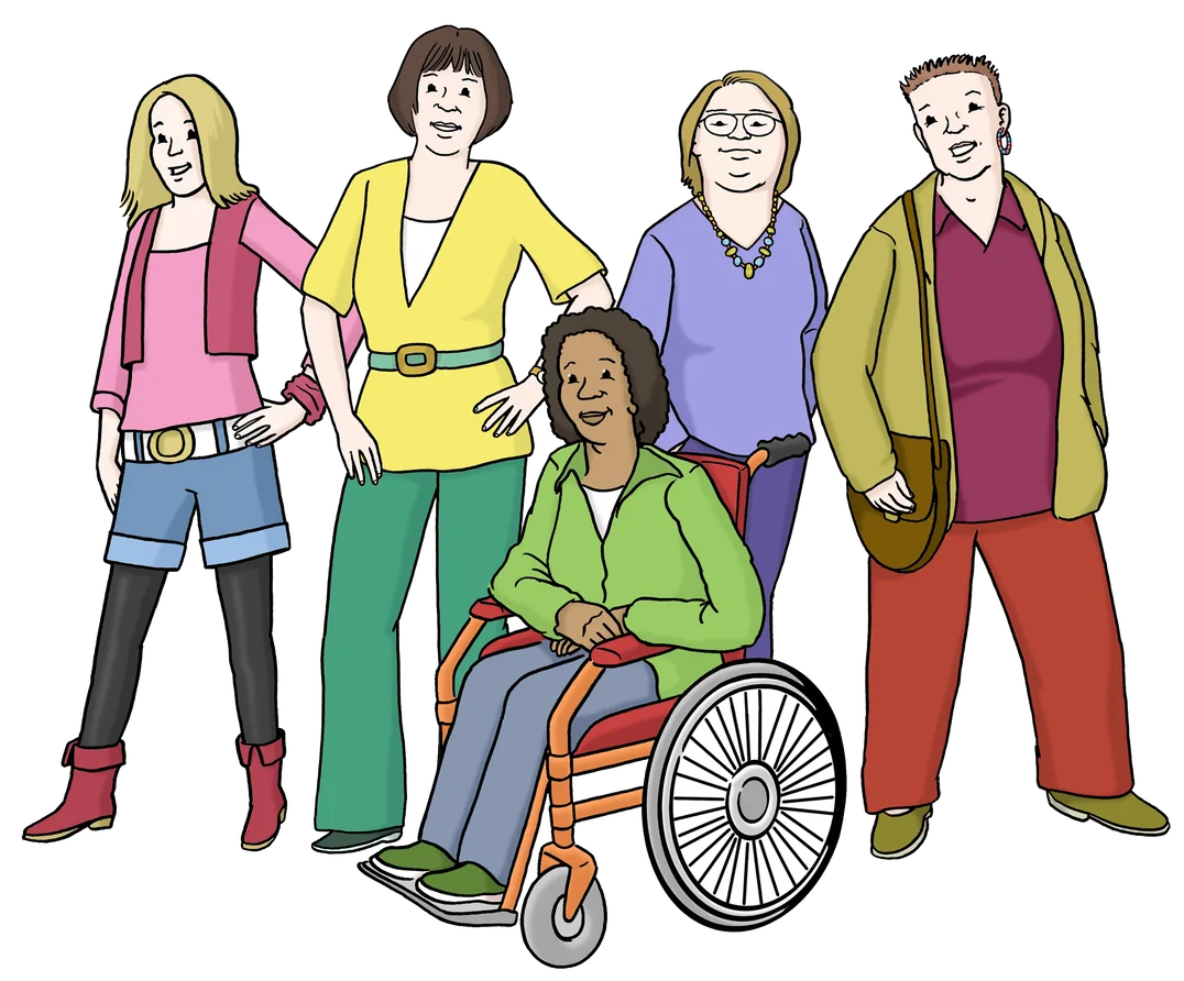 Mehrere Frauen stehen zusammen. Eine Frau sitzt im Rollstuhl. Die Frauen wirken stark und selbstbewusst.