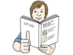 Eine Zeichnung zeigt eine Person mit kurzen braunen Haaren und Brille, die ein offenes Buch liest und mit dem Daumen nach oben zeigt. Im Buch sind Häkchen und ein Foto einer Frau mit blonden Haaren zu sehen.
