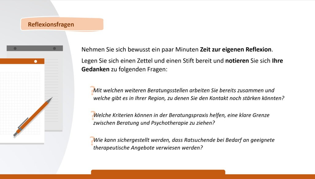 Grafik zeigt Reflexionsfragen zur Beratungsarbeit. Themen sind Kooperation mit anderen Beratungsstellen, Abgrenzung zur Psychotherapie und Weitervermittlung an therapeutische Angebote.
