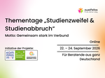 Infobanner mit Titel, Datum, Veranstaltungsort und Zielgruppe der Thementage „Studienzweifel & Studienabbruch“ mit den Logos der drei an der Initiative Zweifellos beteiligten Projekte