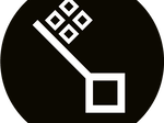 Geometrische Figur aus vier Quadraten entlang einer schrägen Linie auf schwarzem kreisförmigem Hintergrund.