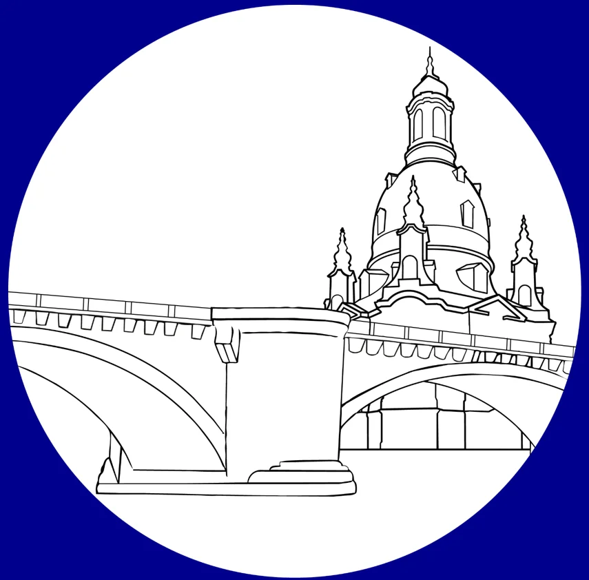 Logo der GIBeT an der TU Dresden Das Logo zeigt eine Grafik Schloss und Brücke in Dresden in einem Kreis auf blauem Hintergrund
