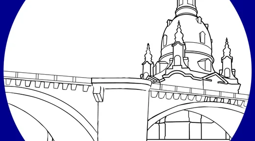 Das Logo zeigt eine Grafik Schloss und Brücke in Dresden in einem Kreis auf blauem Hintergrund