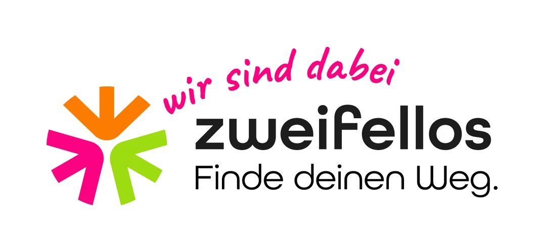 Buntes Logo mit einem Stern aus Pfeilen in Orange, Pink und Grün. Darunter steht in pinker Schrift „wir sind dabei“ sowie „Zweifellos“ und „Finde deinen Weg.“