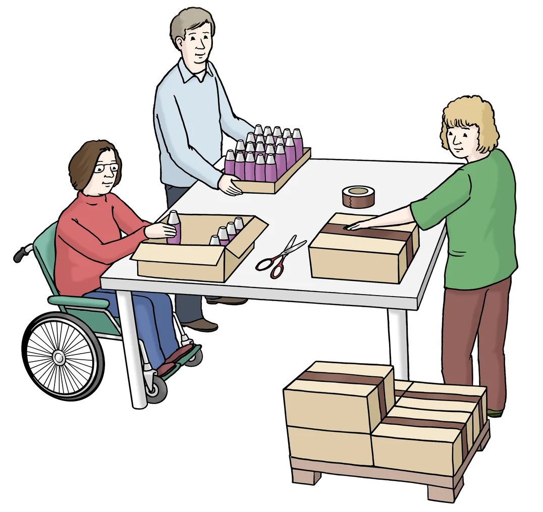 Mehrere Menschen verpacken gemeinsam Flaschen in Kartons an einem Tisch. Eine Person sitzt im Rollstuhl.