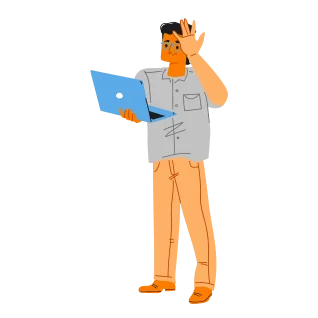 Illustration eines stehenden Studenten mit Laptop in der Hand, der lächelt und mit der anderen Hand winkt