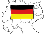 Eine gezeichnete Karte von Deutschland mit der deutschen Flagge in Schwarz, Rot und Gold.