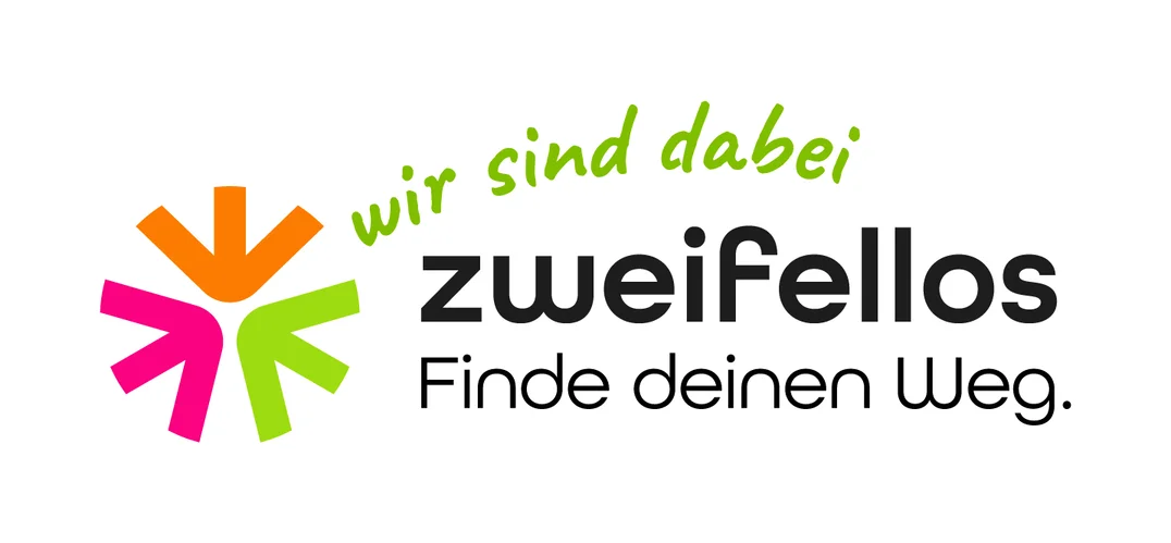 Buntes Logo mit einem Stern aus Pfeilen in Orange, Pink und Grün. Darunter steht in grüner Schrift „wir sind dabei“ sowie „Zweifelellos“ und „Finde deinen Weg.“