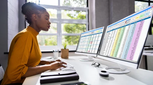 Eine Frau arbeitet konzentriert an einem Schreibtisch mit zwei Monitoren, auf denen Tabellen und Daten angezeigt werden.