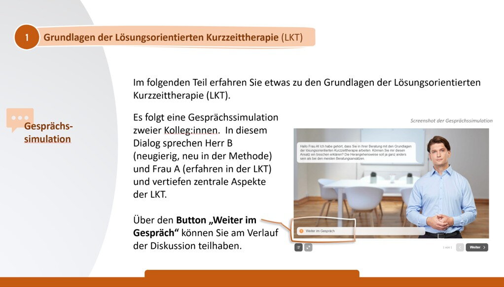 Die Grafik zeigt eine Einführung in die Lösungsorientierte Kurzzeittherapie mit einer Gesprächssimulation zwischen zwei Kolleg:innen, die zentrale Aspekte der Methode besprechen.