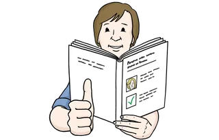 Eine Zeichnung zeigt eine Person mit kurzen braunen Haaren und Brille, die ein offenes Buch liest und mit dem Daumen nach oben zeigt. Im Buch sind Häkchen und ein Foto einer Frau mit blonden Haaren zu sehen.