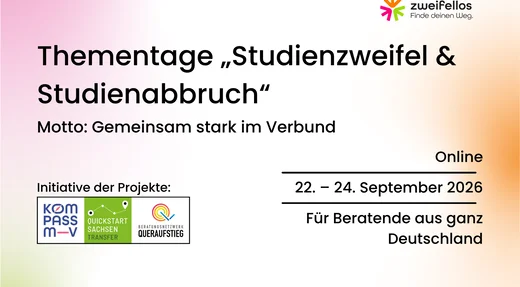 Infobanner mit Titel, Datum, Veranstaltungsort und Zielgruppe der Thementage „Studienzweifel & Studienabbruch“ mit den Logos der drei an der Initiative Zweifellos beteiligten Projekte