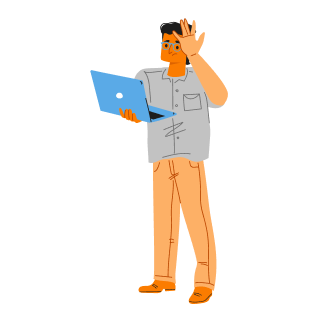 Illustration eines stehenden Studenten mit Laptop in der Hand, der lächelt und mit der anderen Hand winkt